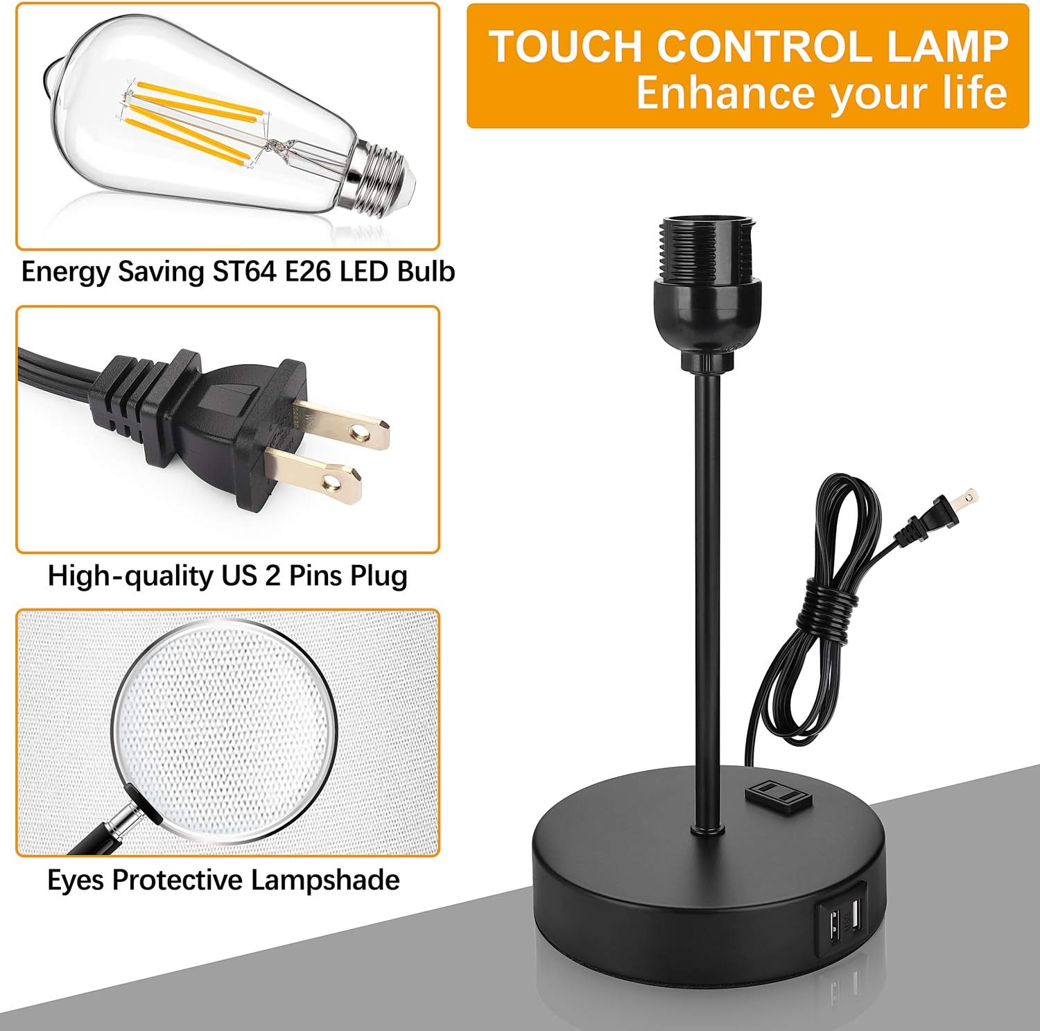 Touch Control Table Lamp, USB Touch Lamp with AC Outlet, 3 Way Dimmable Bedside Nightstand Lamp, LED Desk Lamp USB Reading Lamp Modern Lamp for Bedroom Living Room Office(Bulb Included): Home Improvement