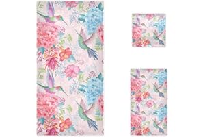 Naanle Beautiful Hummingbird Flowers Pattern Soft Luxury Decorative Set of 3 Towels, 1 Bath Towel+1 Hand Towel+1 Washcloth, Multipurpose for Bathroom, Hotel, Gym, Spa and Beach(Pink Floral)