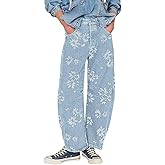 loveimgs Women Y2k Distressed Barrel Jeans Baggy Wide Leg Jeans Floral Printed Boyfriend Patchwork Denim Pants