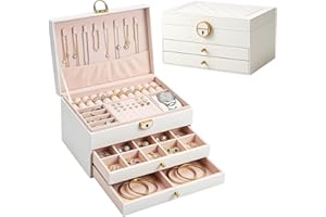 Jewelry Box Organizer for Women, 3 Layer PU Leather Jewelry Storage Case with Lock, Large Capacity Jewelry Organizer for Neck