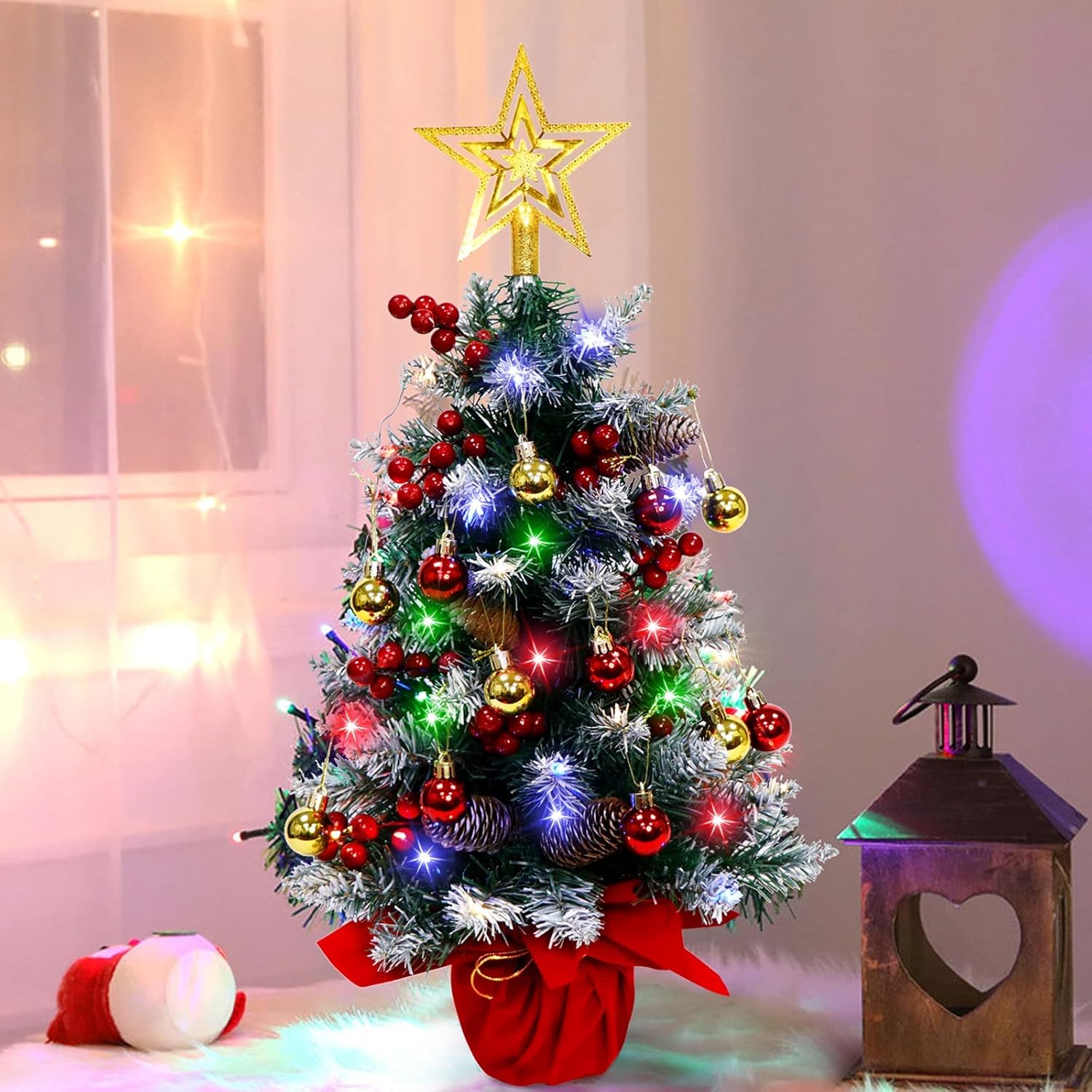 Trees - Fayavoo Mini Christmas Tree, 24 Inches Artificial Tabletop Christmas Tree 50 LED Lights, Table Small Xmas Tree with Christmas Ball Ornaments for Table Top Christmas Tree Decorations