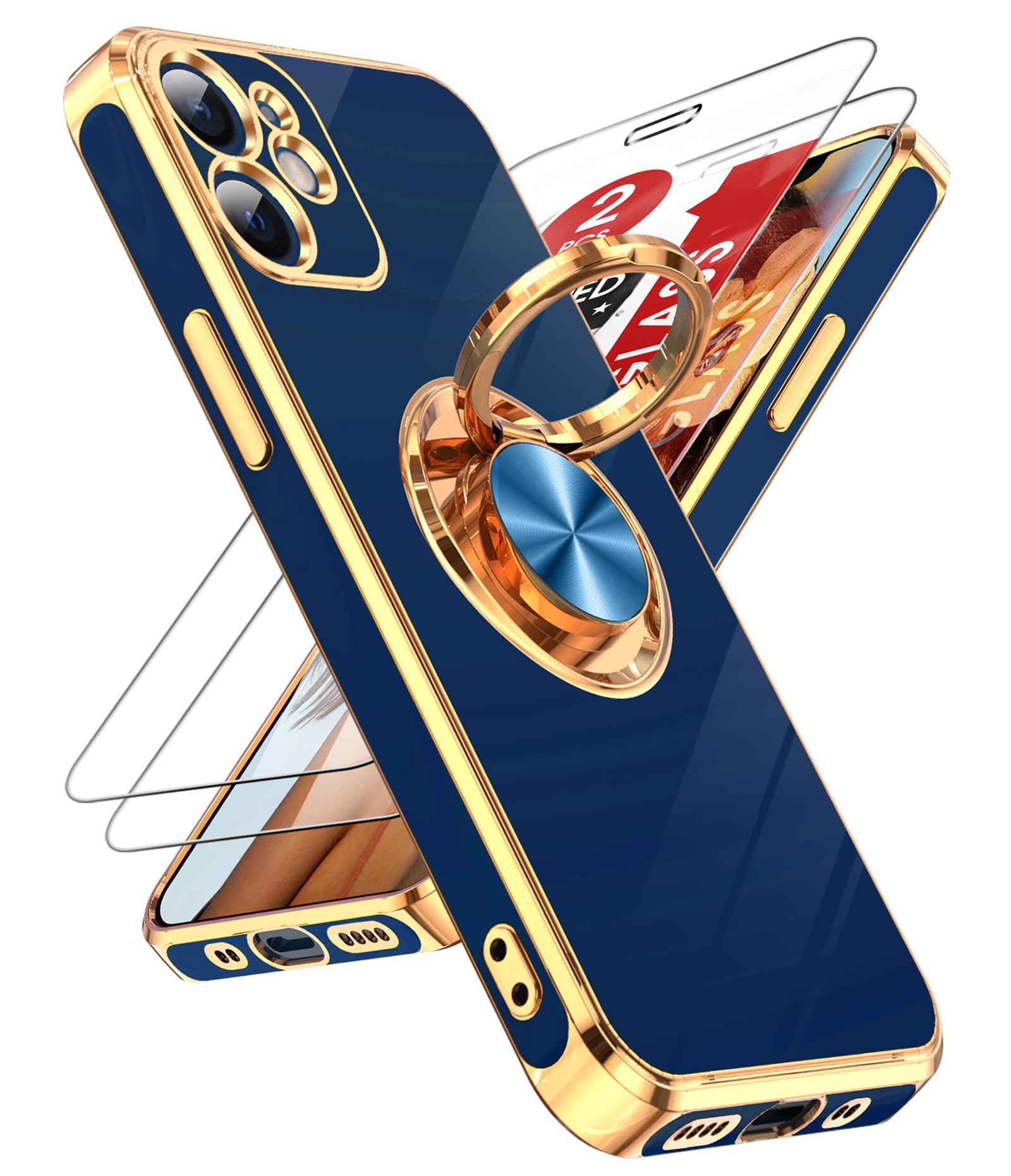 Photo 1 of LeYi for iPhone 12 Mini Case: with 2 Pack Tempered Glass Screen Protector and 360° Rotatable Ring Holder Magnetic Kickstand, Plating Rose Gold Edge for iPhone 12 Mini Case, Blue