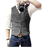 Bglddue Men's Suit Vests Wool Tweed Vest V Neck Slim Fit Waistcoat Formal Business Retro for Wedding