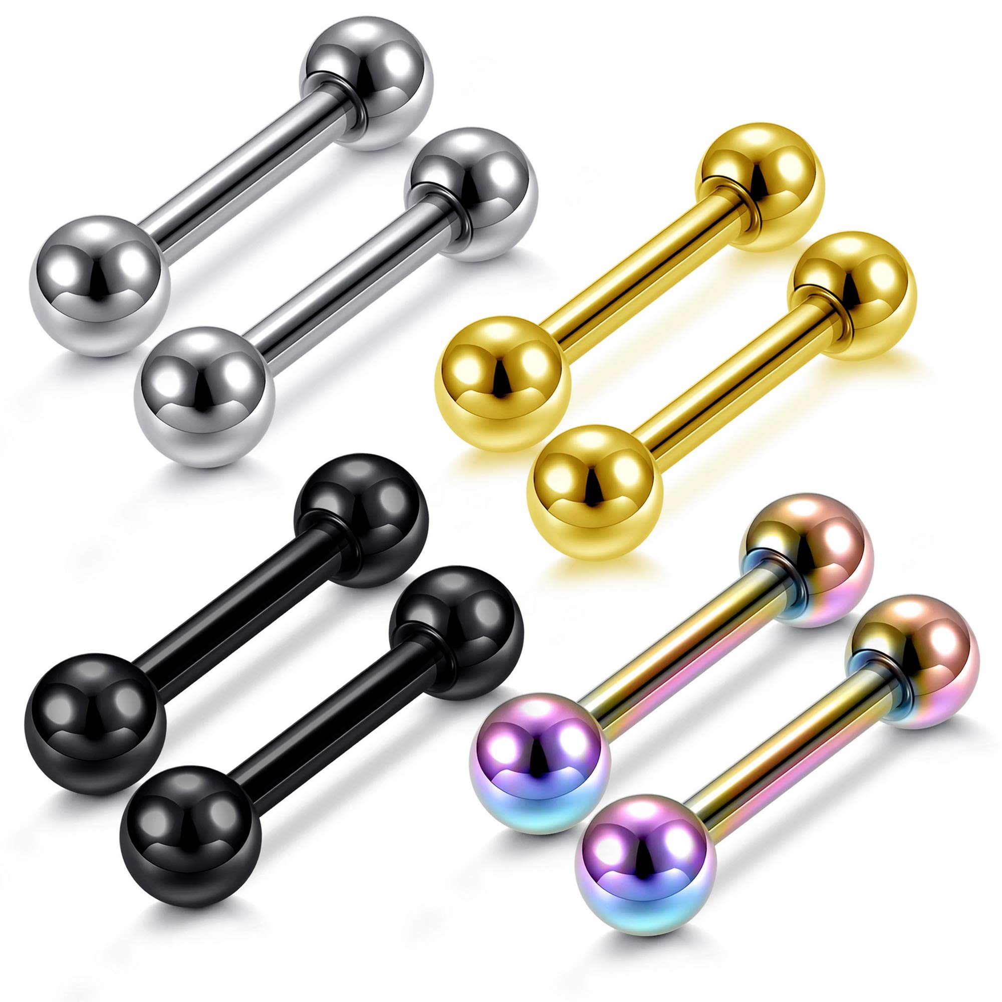 4 Pairs Stainless Steel Barbell 3mm Ball Screw Silver Black Gold Rainbow Color Gauge 16G (1.2mm) Tragus Helix Cartilage Stud Earrings Lip Nose Septum Straight Body Piercing 8mm Long