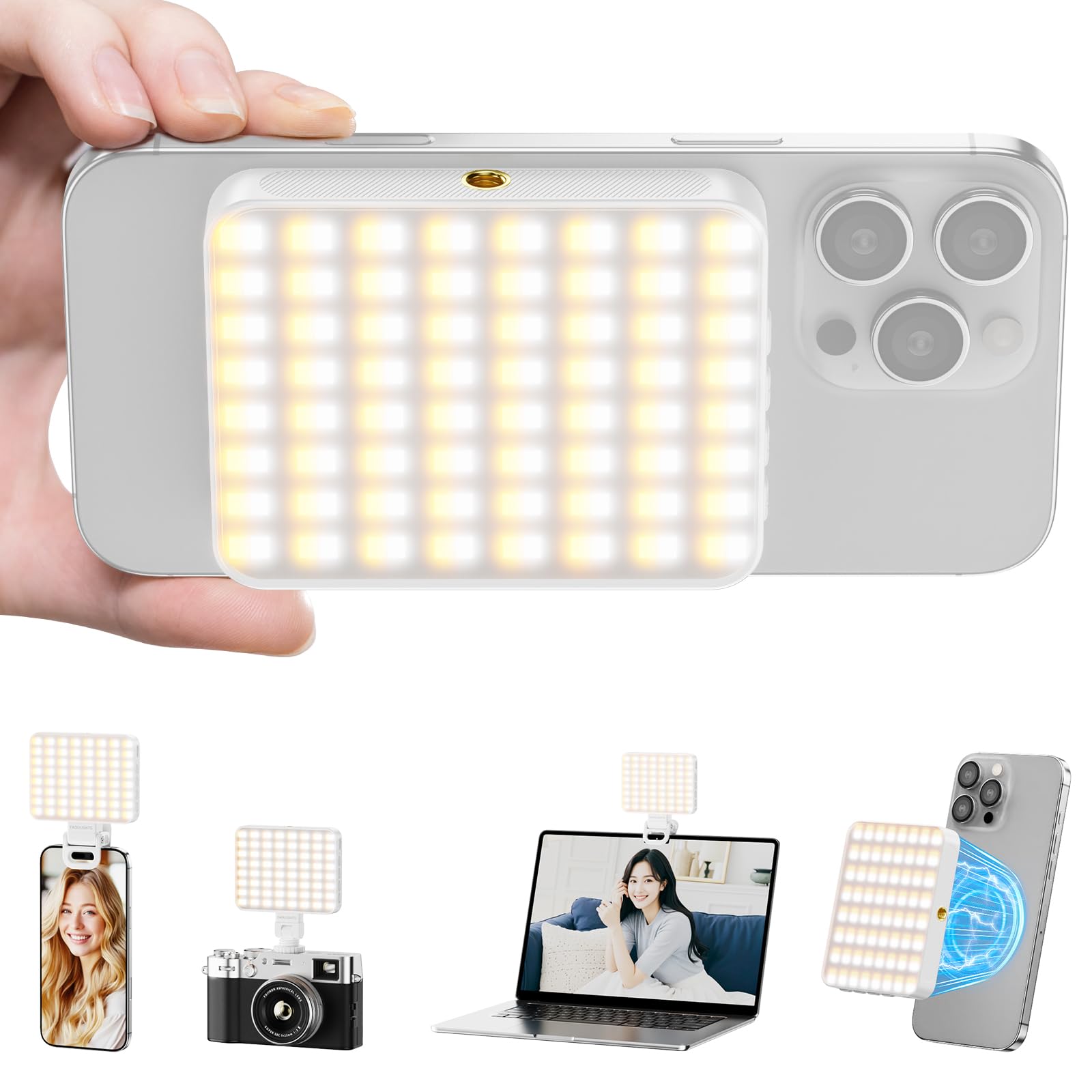 YAOULIGHTS スマホライト 自撮りライト クリップライト マグネット機能 撮影用ライト LEDビデオライト 3色モード 色温度 3000K-6500K カメラライト 補助照明 高輝度 LEDライト 小型ビデオライト 配信用ライト クリップ付き iPhone対応 リングライト 角度調整 持ち運び便利 自撮り/料理撮影/動画撮影/オンライン会議 の商品画像