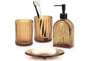 4Pcs Glass Bathroom Accessories Set,Amber Brown Bathroom Accessory Set,Bathroom Counter Sink Toothbrush Holder Set Includes 4
