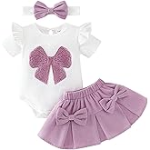 DOMOABEI Baby Girl Clothes Summer Outfits Newborn Ruffled Short Sleeve Romper Cute Bows Skirt with Headband 3PCS 0-18 Months