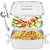 Lunbengo Stainless Steel Bento Box Lunch Containers - Metal Meal Prep Container with Air Vent Includes Stainless Steel Spoon & Fork - Leak-Proof, Double Layer, Microwave-Safe, 1.5 L (50.7 fl oz)