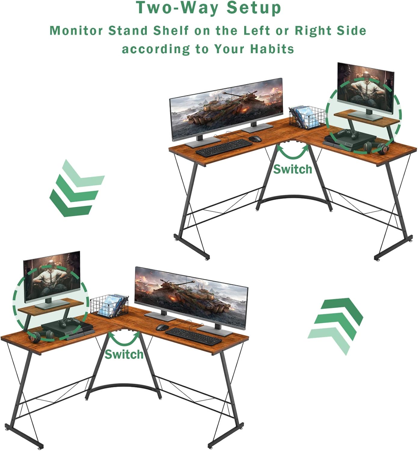Mr IRONSTONE L-Shaped Desk 50.8" Computer Corner Desk, Home Gaming Desk, Office Writing Workstation with Large Monitor Stand, Space-Saving, Easy to Assemble, (Vintage): Furniture & Decor