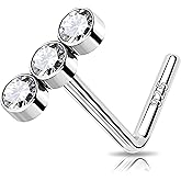 MeIighting 925 Sterling Silver Nose Stud L Shaped Nose Ring 20G Solid Silver Three Diamond Nose Piercing Jewelry Clear CZ for Women Men Nostril Piercing