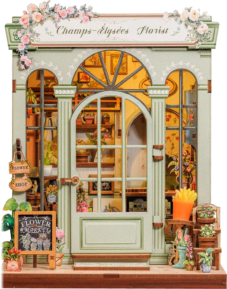 CUTEBEE Book Nook Kit - DIY Miniature Dollhouse with LED Lighting Bookshelf Decoration & Creative Set for Adults (Champs-Élysées Florist)