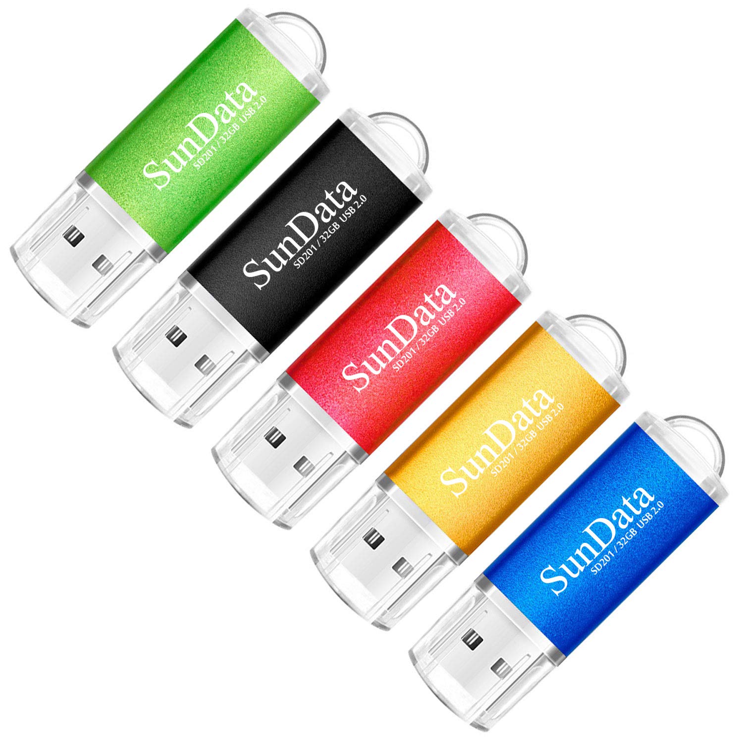 SunData 32GB USB Flash Drive 5Pack 32GB USB 2.0 Memory Stick Thumb Drives Pen Drive USB Stick for Data Storage with LED Light(5 Colors: Black Blue Green Red Gold)