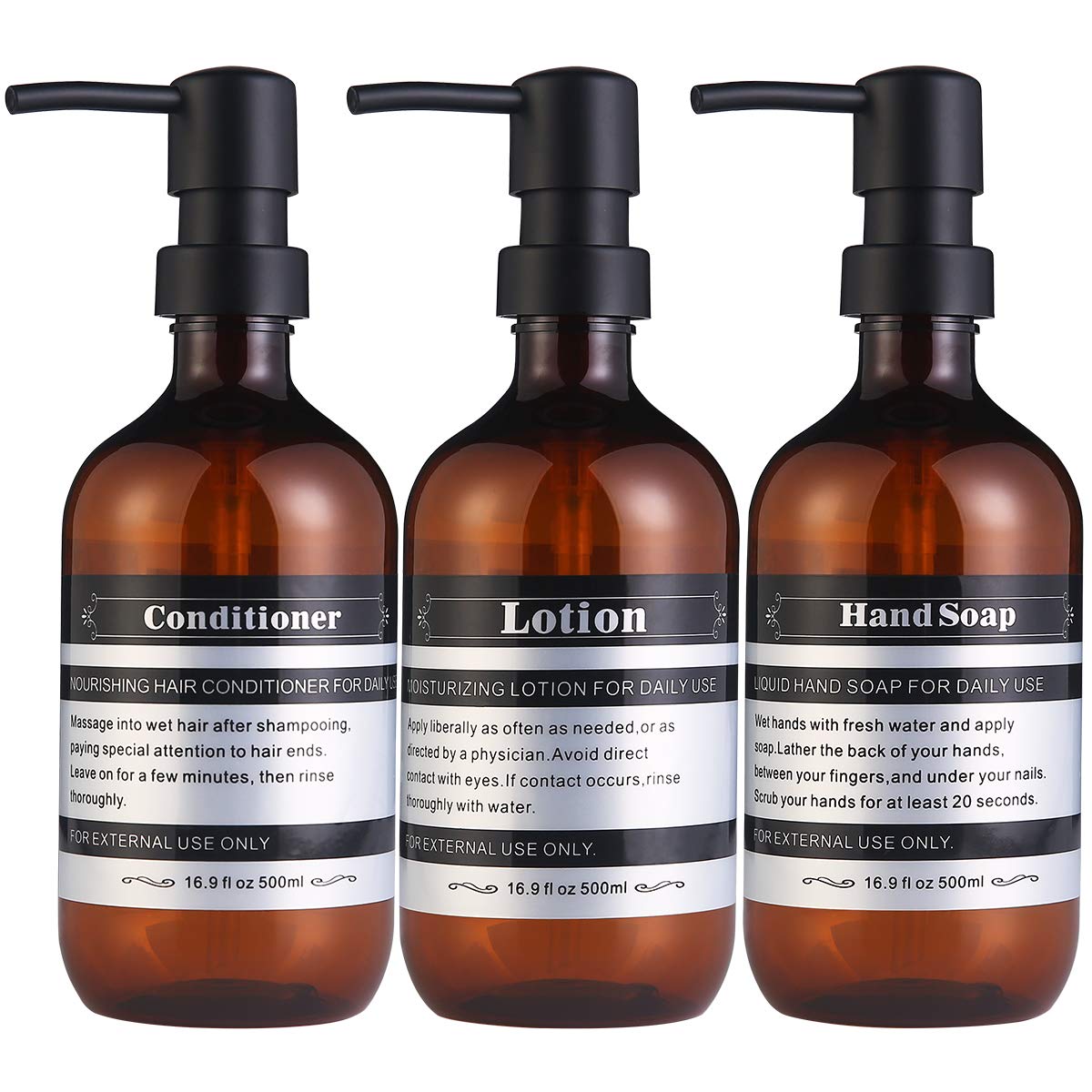 SOOKDEO Bathroom Dispenser Refillable Bottles for Shampoo Conditioner Hand Dish Soap Lotion Oil Shower Soap with Pump & Waterproof Label, 500ml, 3 Pack (Amber, Without Wall Mout)