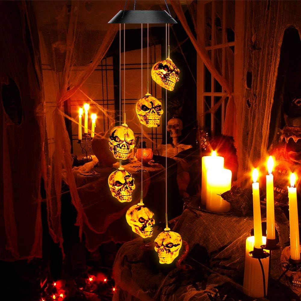 Halloween-Decorations-Outdoor-Lights, Solar Powered Skeleton Wind Chime Lights with 6 LED, Waterproof Solar Halloween Lights Decorations for Outdoor Halloween, Party, Christmas (Skeleton Decor ) : Garden & Outdoor