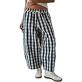 Omoone Wide Leg Barrel Sweatpants Women Gingham Print Crop Baggy Pants High Waisted Cotton Trousers with Pockets