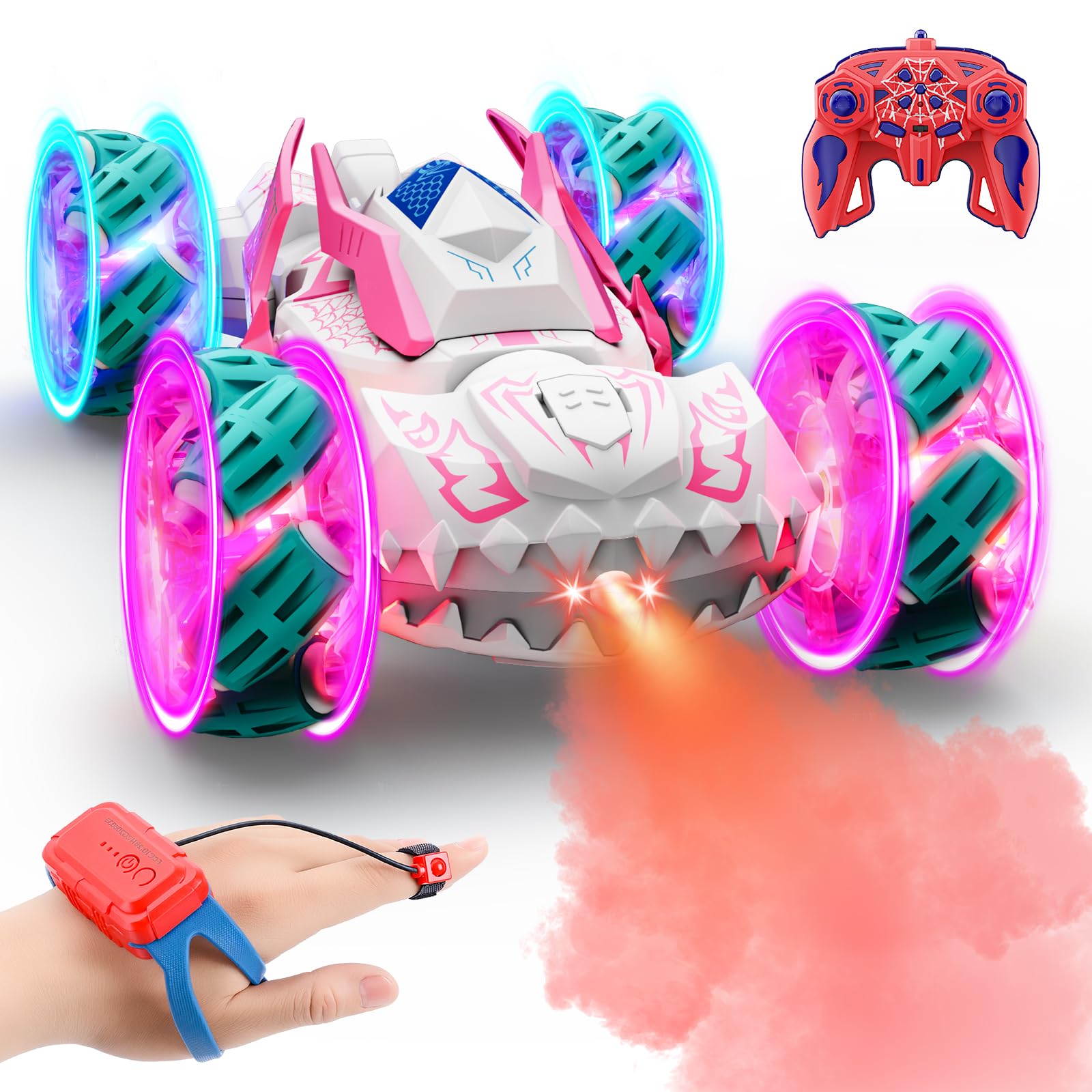 Qryselen Remote Control Car, RC Cars Toys for Ages 4-13, Double Sided 360°Flip 2.4GHz 4WD Rechargeable Drift RC Race Car with LED Lights Boys Girls Toys(Pink)
