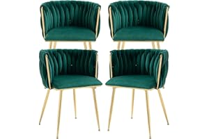 Nrizc Woven Dining Chairs Set of 4, Velvet Upholstered Dining Chairs with Gold Metal Legs, Modern Accent Chairs for Living Room, Dining Room, Kitchen (Green)