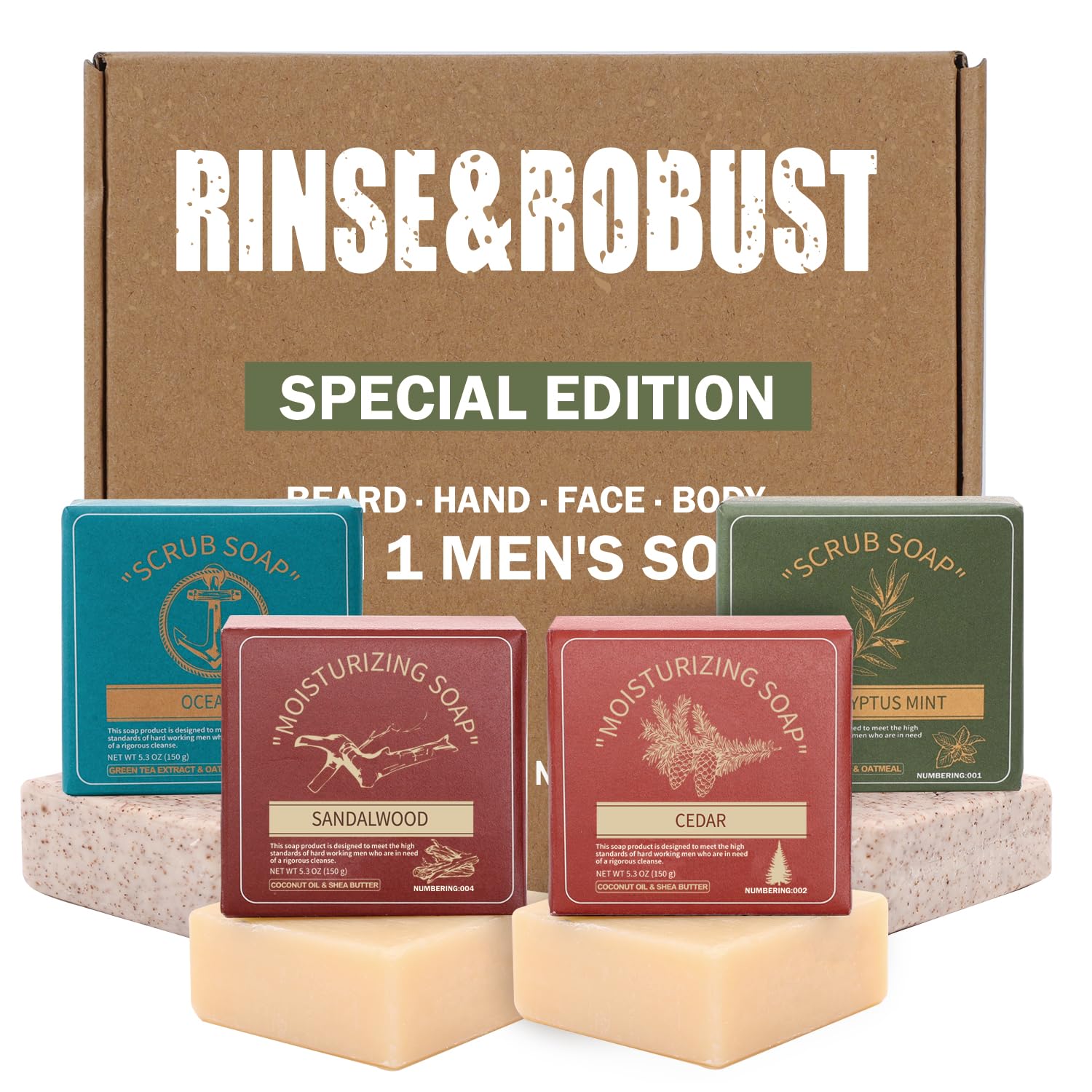 Mens Bar Soap 4Pcs Natural Soap Bar Set Cleansing Bar Moisturizing&Exfoliating Scrub Soaps Gift Set Travelling for Men Face Body Beard Wash 5.3 oz of 4 Bars Valentines Gifts for Him Christmas