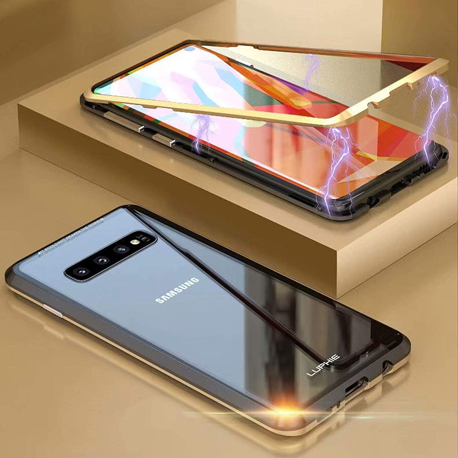 TENGMAO For Samsung Galaxy S10 Magnetic Case,Slim Clear Case Magnetic Adsorption Metal Bumper Glass Case Cover Shock-Absorption, Anti-Scratch,HD Clear+with Screen Protector(Gold black)