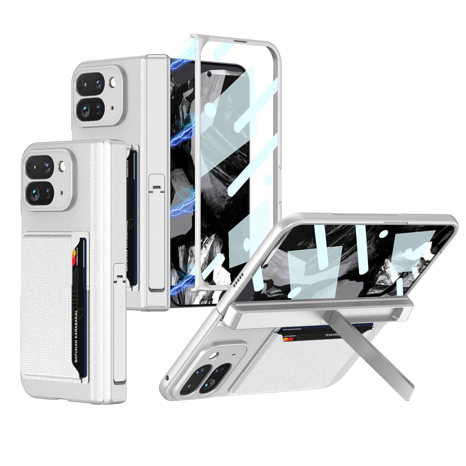 Miimall Case for Google Pixel 9 Pro Fold with Hinge Protection, Magnetic Case with Card Slot & Screen Protector & Kickstand, Thin PC Anti-Drop Hinge Cover - Silver