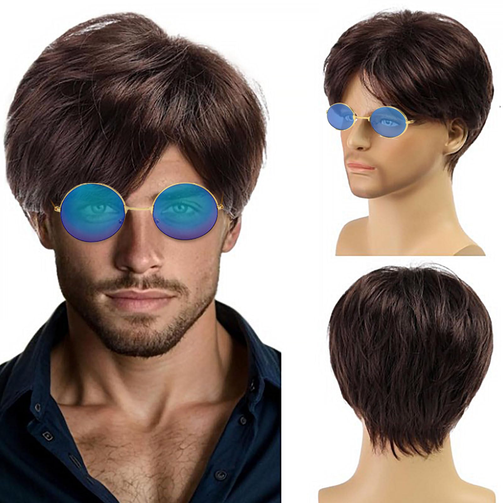 TSHAOUN Mens Short Wig Brown Layered Natural Synthetic Cosplay Hair Wig 70s 80s Disco Short Curly Fluffy Costume Wigs, Handsome Men's Daily Costume Rocking Dude Punk Metal Rocker(Brown)
