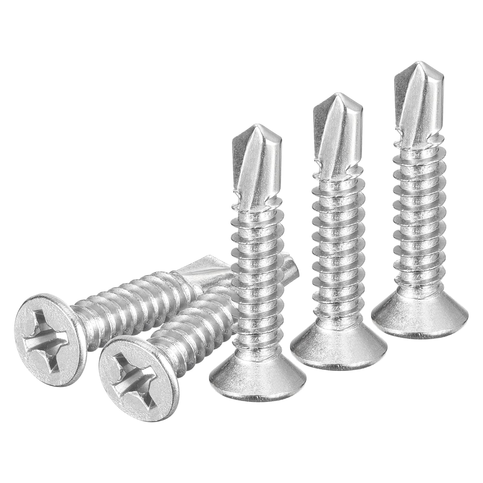 DTGN 100Pcs ST6.3x32mm Self Drilling Screws, 410 Stainless Steel Flat Head Phillips Sheet Metal Screw - Good for Wood to Metal, Furniture - Silver