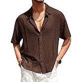 Runcati Mens Button Down Shirt Knit Crochet Hollow Out Short Sleeve Sweater Casual Summer Tops
