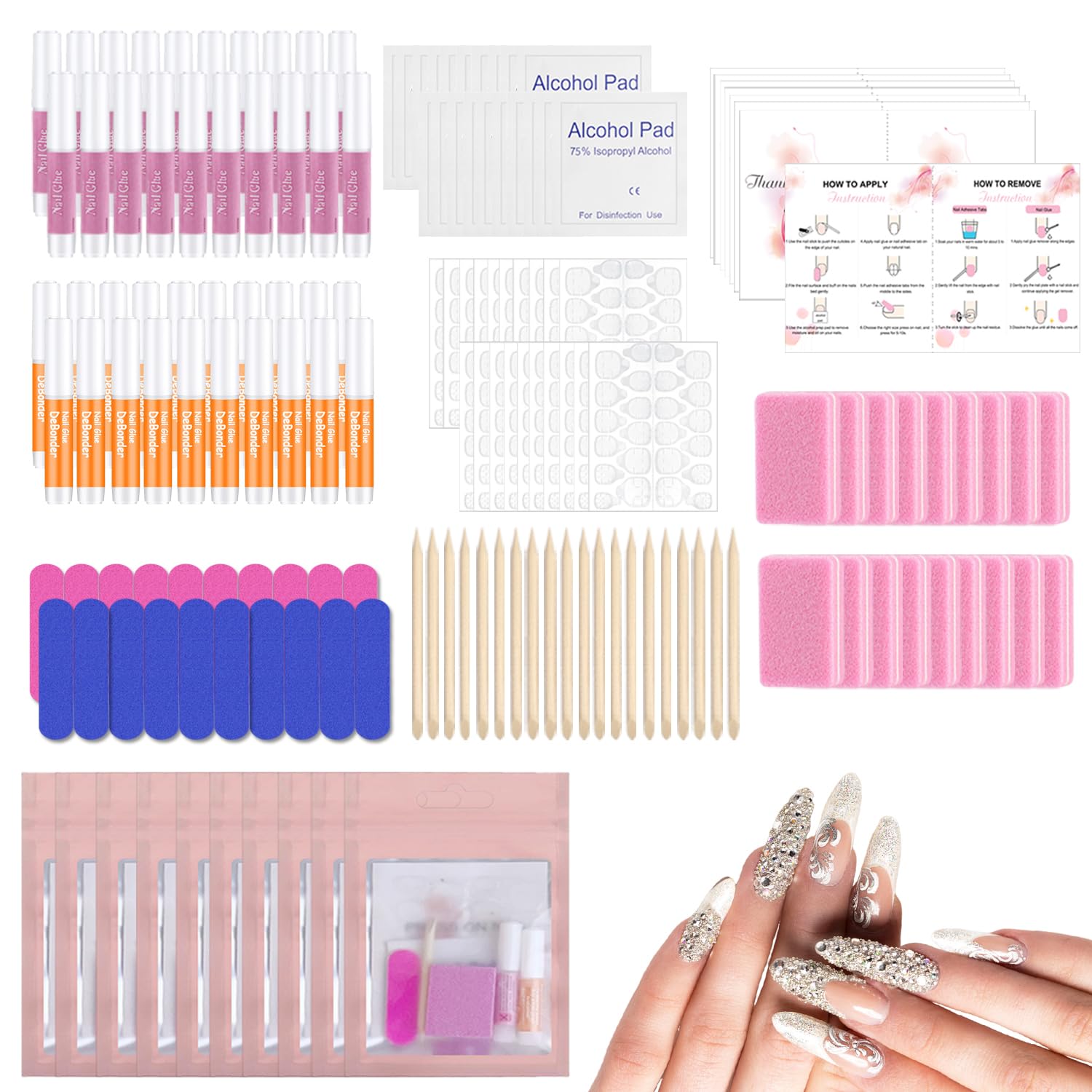 Photo 1 of 20PCS Press on Nail Tool Kit: Nail Prep Kit with Nail Glue, Glue Remover, Mini Nail File, Nail Buffer, Prep Pad,Adhesive Nail Tabs, Wood Stick, Instruction Card for Press on Nail Packaging