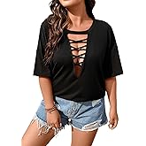 WDIRARA Women's Plus Size Cut Out Criss Cross Tee Butterfly Patched Back Drop Shoulder Half Sleeve Sexy Tops