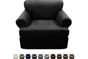 Pfrstuv 2-Pieces T Cushion Armchair Slipcovers Leather Look Couch Cover Chair Covers Stretch Furniture Protector Sofa Cover with 1 Individual T Cushion Seat Cover Slipcover Sets Washable, Black