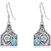 BETHZA Real Turquoise Cow Tag Earrings 925 Sterling Silver Western Cattle Tag Earring Jewelry Gifts for Women Cowgirl