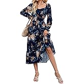 ZAFUL Womens Fall Floral Midi Dress Casual Square Neck Ruffle Long Sleeve Smocked Boho Flowy A Line Long Wedding Guest Dresses Navy Blue X-Large