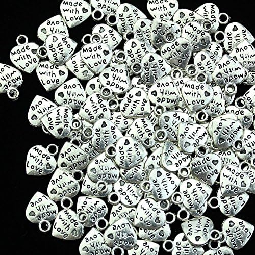 SeaISee Lot 50 Silver Beads DIY MADE WITH LOVE CZ Heart Charms Pendants Fashion Necklace Made Beads