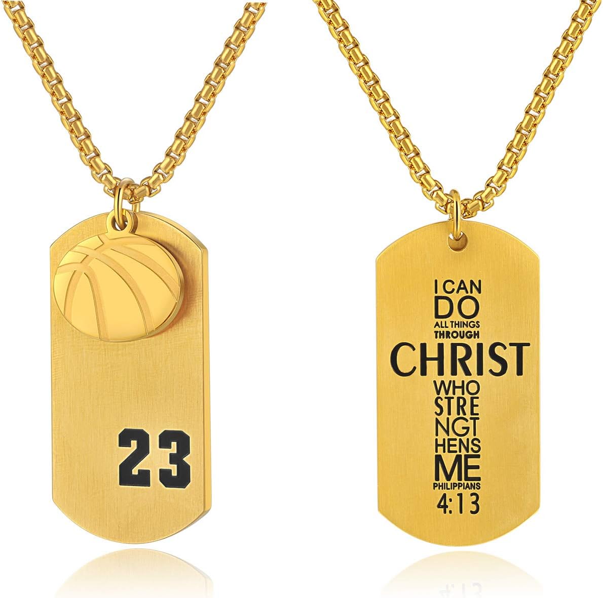 Godcow Men's Basketball Player 23 Stainless Steel Cross Pendant I Can Do All Things Bible Verse Necklace