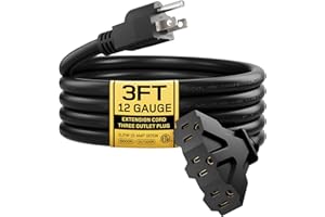 dé 3FT - 12/3 Heavy Duty Extension Cord with 3 Outlet, 12 Gauge SJTW Three Prong Indoor/Outdoor Grounded Multiple Outlets Short Power Cable Black 15 Amp - ETL Listed