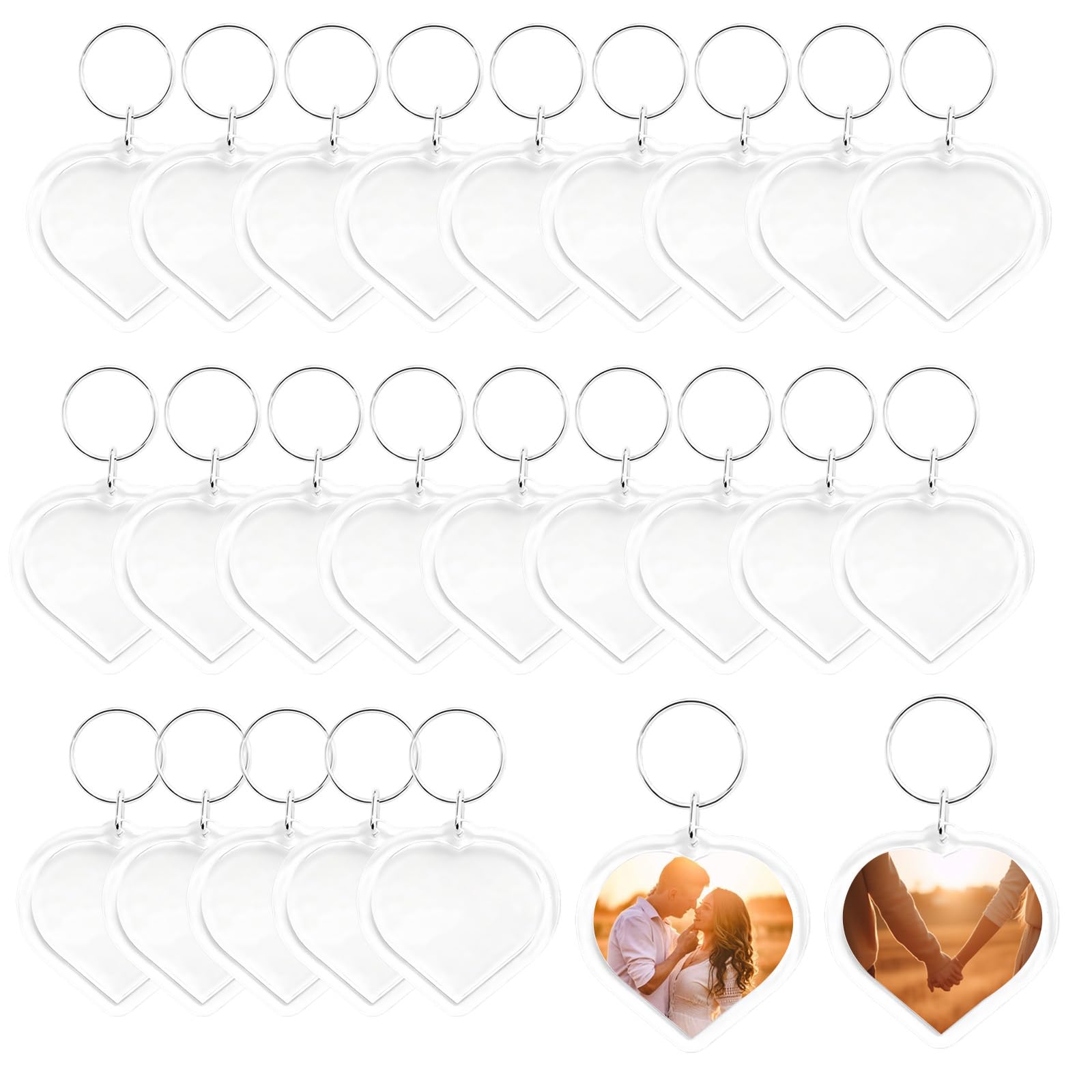 QUUPY 25PCS Clear Acrylic Heart Shape Blank Photo Keychains Photo Frame Keychain Keyring Insert Personalized Picture Snapin Keychain for Family Gifts