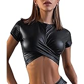 xxxiticat Women's Black PU Leather Crop Top Short Sleeve Criss Cross Bodycon Cropped Faux Leather Tee Shirt Goth Tshirt