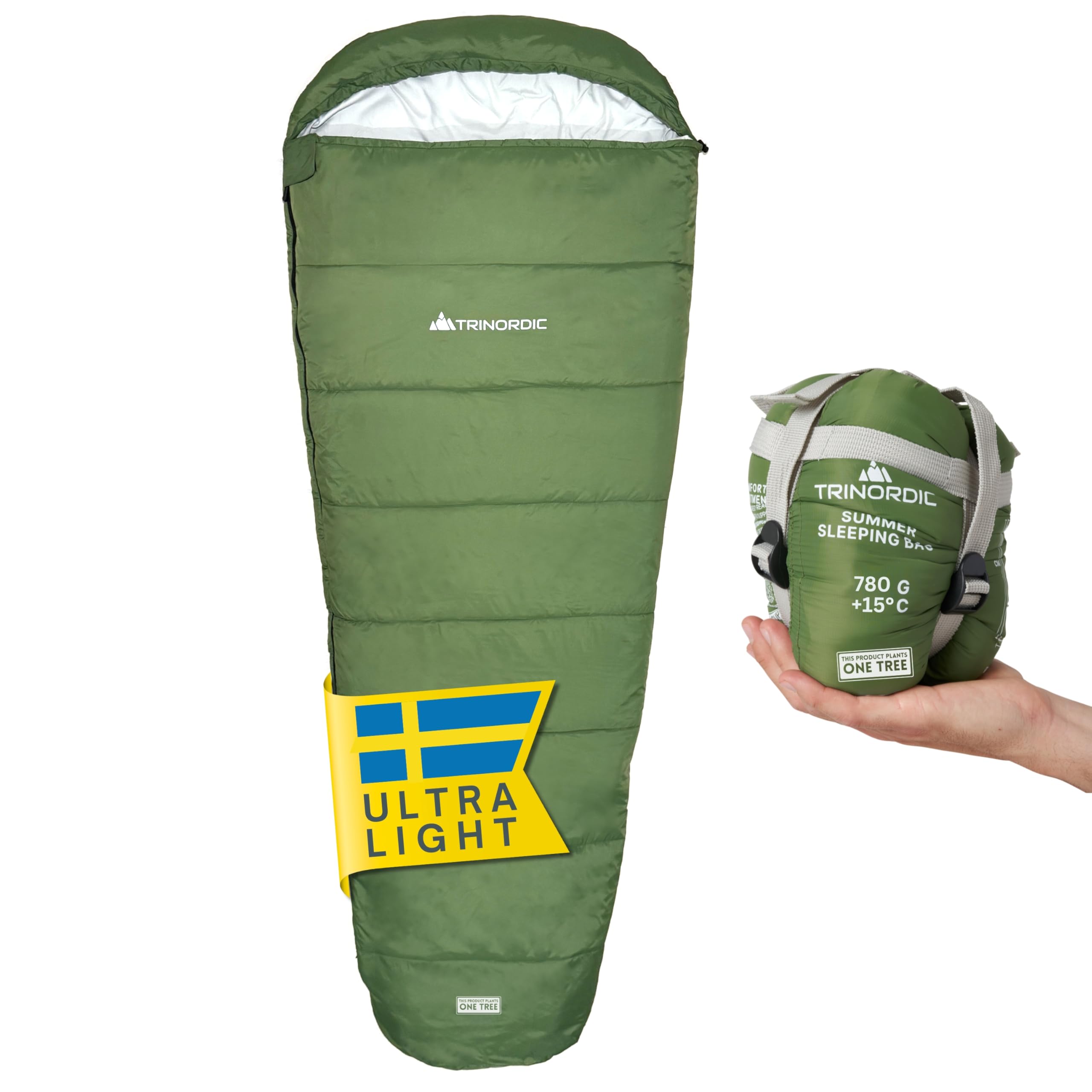 Trinordic Summer Lightweight Sleeping Bag – 780g, with Anti-Snag Zipper, Mummy Sleeping Bags for Adults, Compact & Ultralight Camping Accessories for Hiking, Backpacking, & Bikepacking Adventures