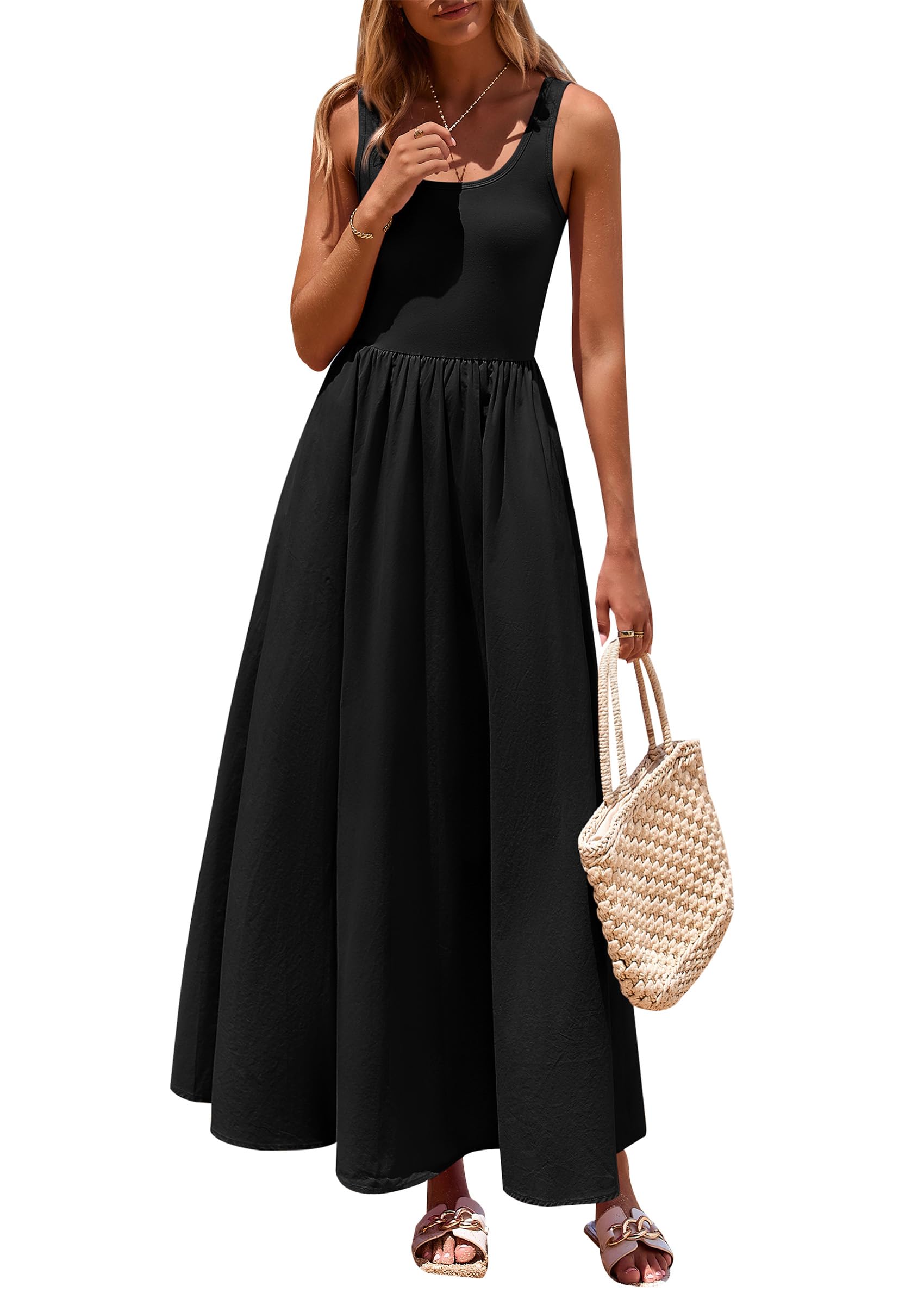 Photo 1 of PRETTYGARDEN Womens Summer Casual Scoop Neck Sleeveless Long Dresses Tank Top Patchwork Aline Swing Maxi Dress with Pockets (Black,Medium)