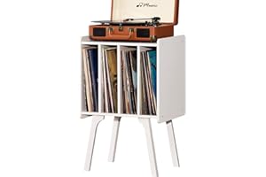 LELELINKY Record Player Stand,Vinyl Record Storage Table with 4 Cabinet Up to 100 Albums,Mid-Century Modern Turntable Stand with Wood Legs,White Vinyl Holder Display Shelf for Bedroom Living Room