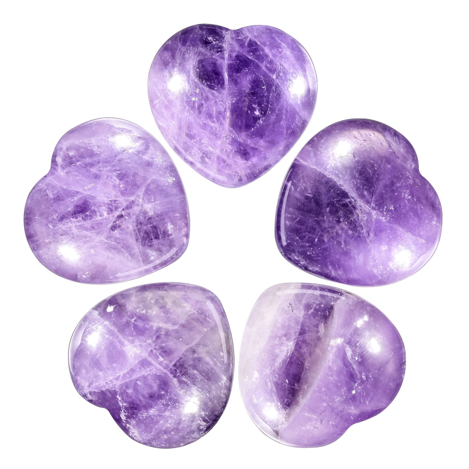 Nupuyai 5pcs Amethyst Crystal Heart Love Palm Worry Stone for Chakra Reiki Healing, Carved Stone for Home Decoration 2.5cm
