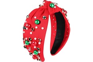 GLBCC Christmas Headband for Women Red Green Pearl Rhinestone Crystal Jeweled Hairband Fashion Elegant Ladies Wide Knot Head Band Christmas Holiday Party Outfit Gifts (Christmas red knot hairband)