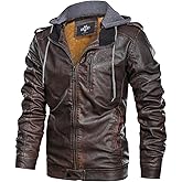 HOOD CREW Men’s Black Brown Coffee Stand Collar Warm PU Faux Leather Zip-Up Motorcycle Jacket with a Removable Hood