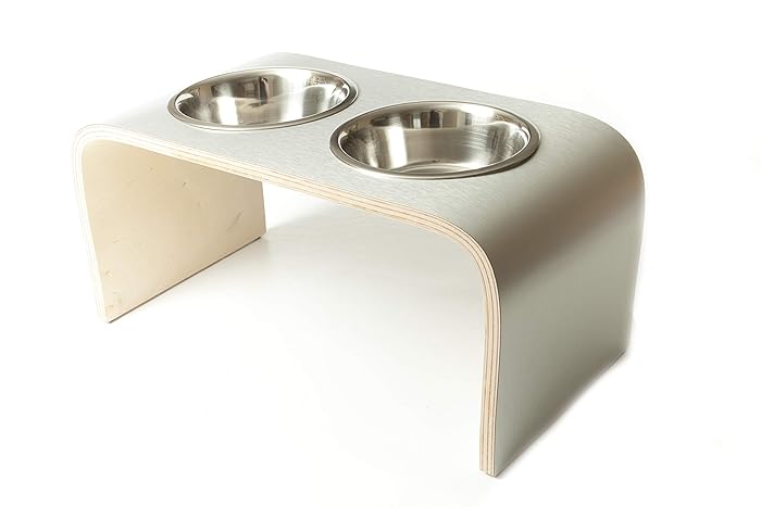 Aluminium And Birch Raised Dog Bowls Wooden Pet Feeder Handmade