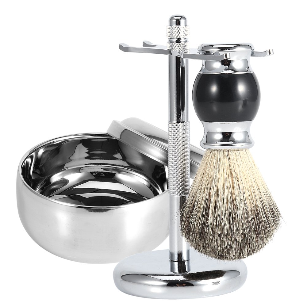 Men's Shaving Kit,3 Pcs Badger Hair Shaving Brush Gift Set(Soft Brush with Wooden Handle+ Alloy Soap Mug Bowl+Stainless Steel Razor Stand)