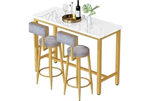 AWQM Dining Table Set for 2, 3 Piece Faux Marble Table with Soft Velvet Backrest Chairs, Pub Table Bar Table Set for Small Space, Kitchen, Breakfast Nook - White & Gold