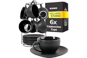MIAMIO - Set of 6, Ceramic Stackable Cappuccino Cups Set / 175 ml Cappuccino Mugs and Saucer with Metal Stand for Coffee Drin