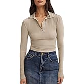 Tankaneo Womens Long Sleeve Polo Shirts V Neck Collared Work Shirt Slim Fit Ribbed Knit Basic Going Out Fall Tops