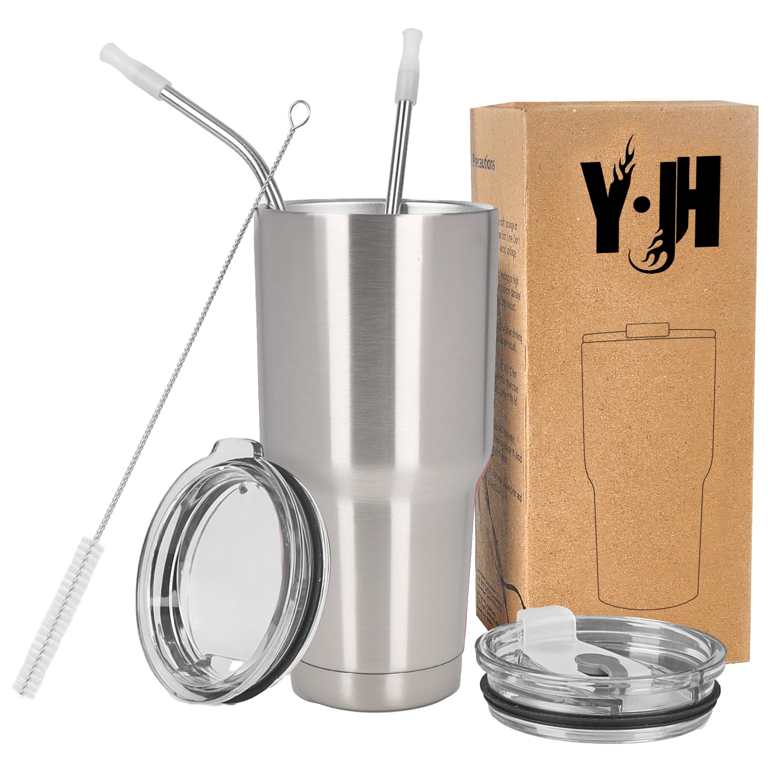 Y·J&H 30oz (850ml) Travel Tumbler Double Wall Vacuum Insulated Coffee Mug Stainless Steel Coffee Cup with 2 Splash Proof Lid, 2 Straws & Free Cleaning Brush, BPA Free - Silver