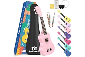 FITNESSCLUB MUSTAR Soprano Ukulele, 21 Inch Ukulele for Beginners - Small Guitar Ukulele for Kids, Beginner Ukuleles Kit With Gig Bag, Strap, Picks, Basswood Pink Ukuleles Set